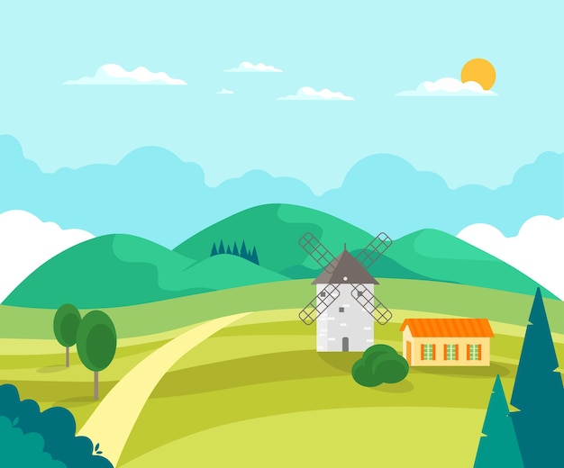 Landschap met windmolen landelijk panorama groene dorpsheuvels bomen en wegen vectorillustratie