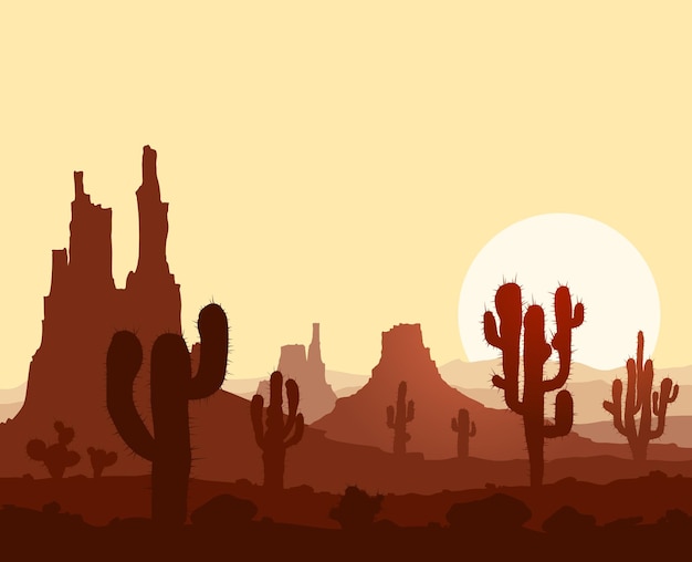 Landschap met zonsondergang in steenwoestijn met cactussen en bergen. Vector illustratie.