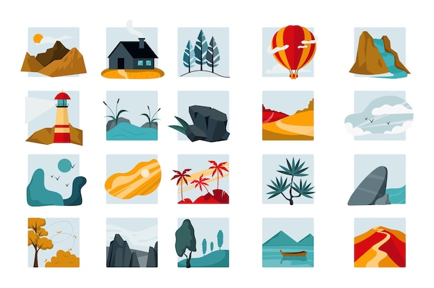 Landschap natuur platte set iconen concept zonder mensen scène in de platte cartoon design iconen