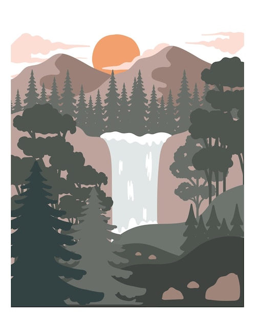 Vector landschap uitzicht waterval illustratie art