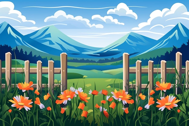 Landschap van bloemen en grassen met een houten hek