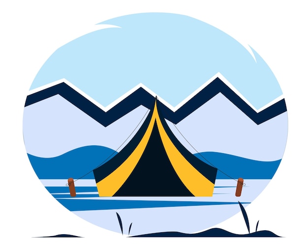 Landschap van de natuur met een tent. Winter vectorillustratie van de natuur in een vlakke stijl.