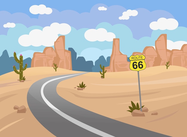 Vector landschap van de woestijn en de weg in een vlakke stijl