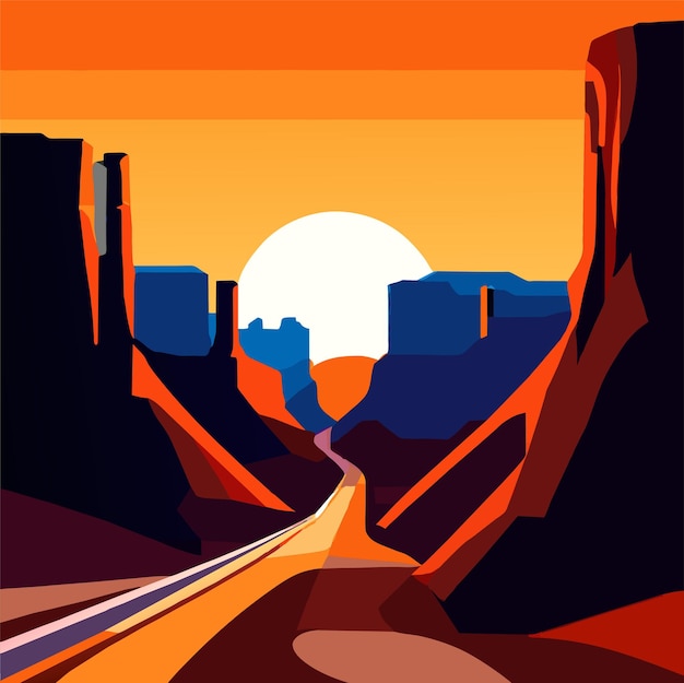 Vector landschap vector illustratie van een statetostate snelweg over een woestijn met een zonsondergang bij de canyon