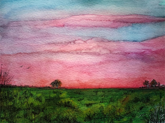 Vector landschap zonsondergang aquarel hand tekenen achtergrond