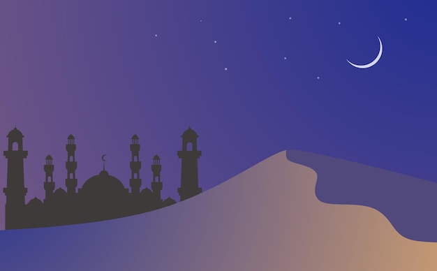 Landschapsillustratie van awal Ramadan kareem met silhouet van moskee in woestijn