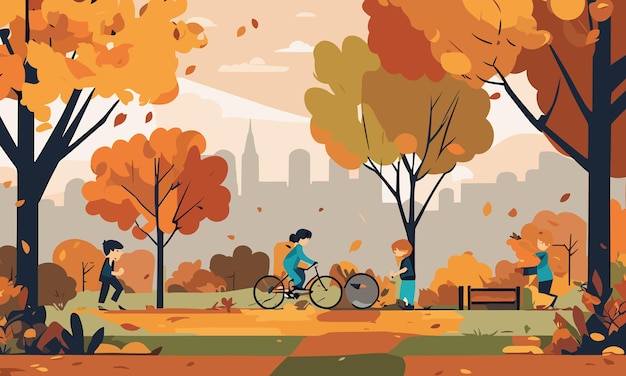 Landschapskinderen spelen in de tuin in de herfst in vlakke stijlillustratie