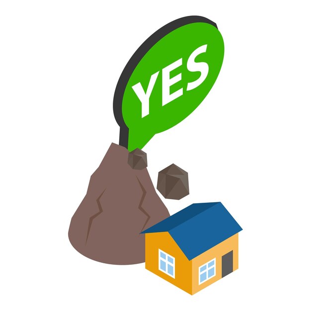 Landslide icon isometric vector stone falling from mountain on dwelling house landslip rockfall dangerous phenomenon in mountain