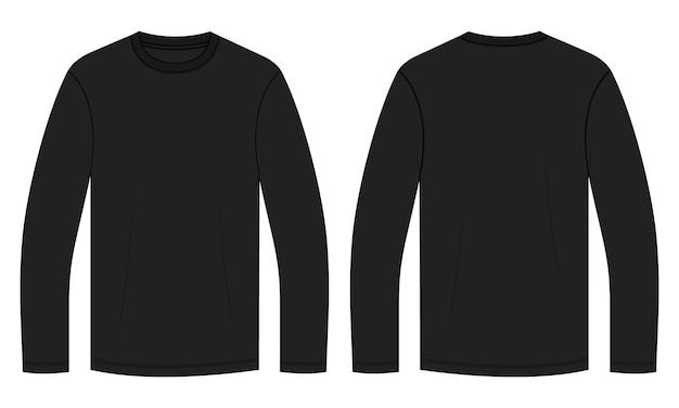 Lange mouw zwarte kleur t-shirt vector illustratie voor- en achteraanzichten