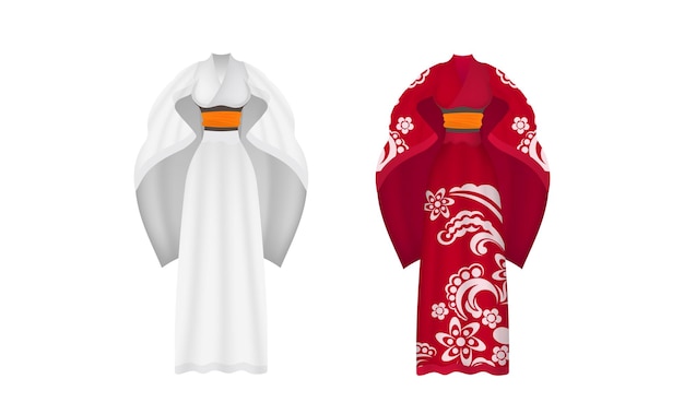 Lange rode en witte zijden kimono zomer kimono zijde huis kleding bruidsmeisje bruiloft gewaden natuurlijke gewaad geïsoleerd Vector