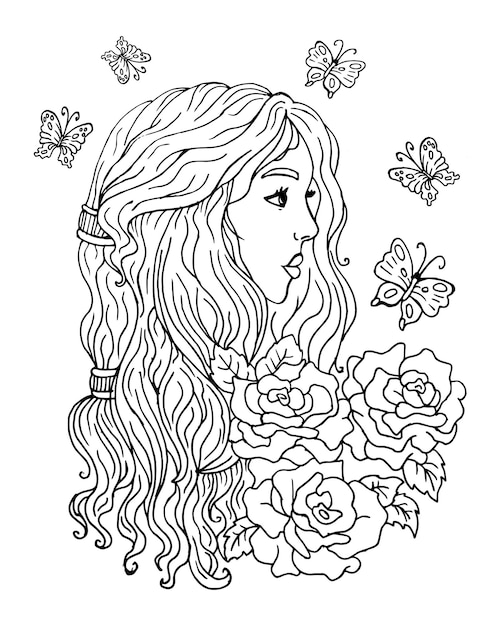 Langharig meisje met rozen en vlinders Sketch