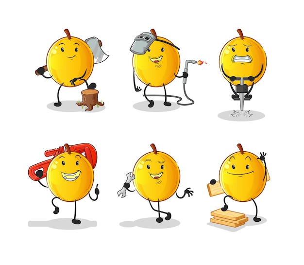Langsat fruit werknemer ingesteld karakter. cartoon mascotte vector