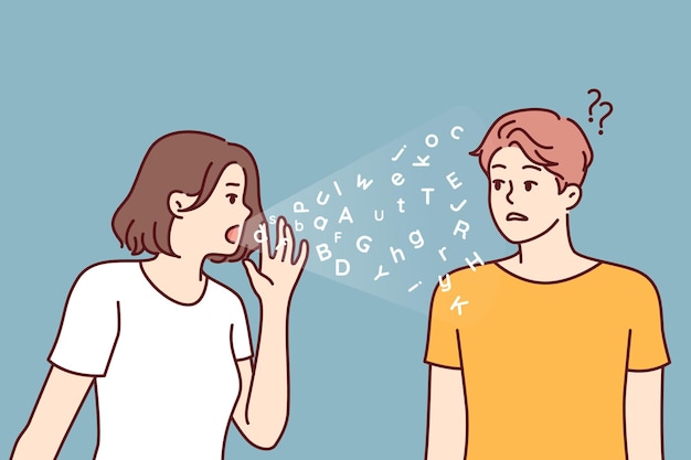 Language barrier between woman and man experiencing communication problems and standing near latin letters Puzzled guy does not understand talking girl because of language barrier