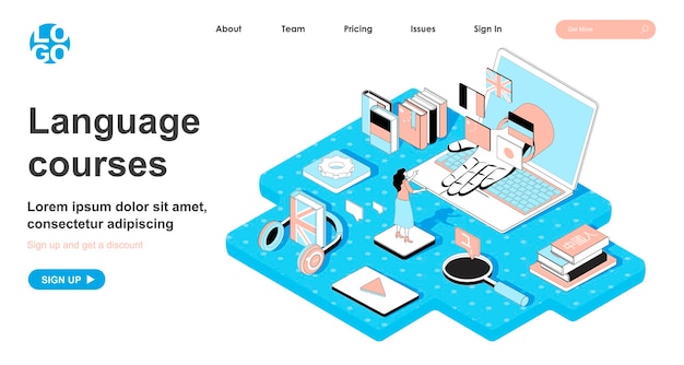 Language course isometric concept in 3d design for landing page