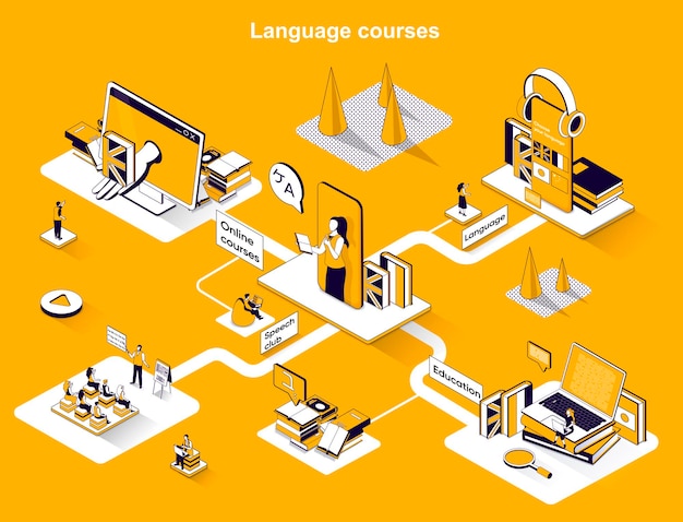 Language courses isometric web banner flat isometry