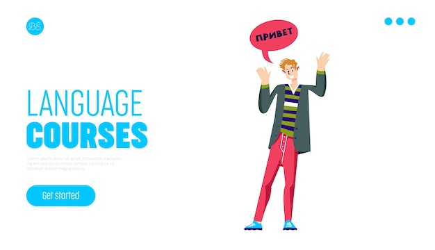 Language courses landing page template with man greeting in russian.