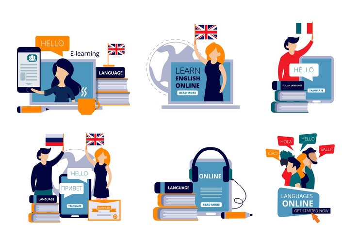 Vector language courses vector characters study different languages english italian chinese in training center concept illustrations study language distance teaching course and training