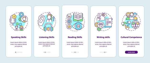 Language learning competences onboarding mobile app page screen with concepts