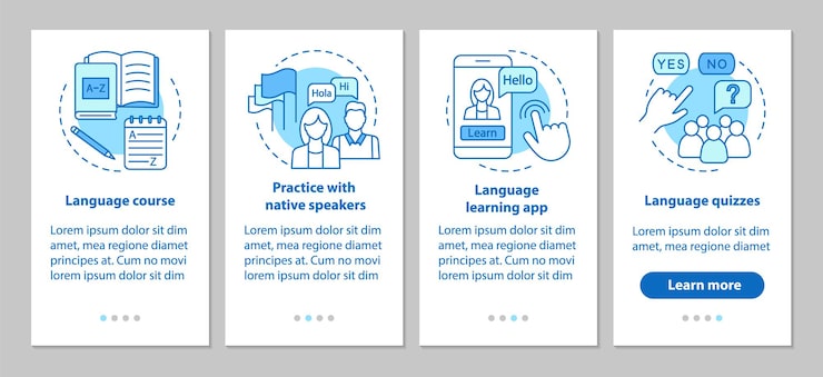 Vector 語言學習上機行動應用程式頁面螢幕向量模板.母語講者課程,語言測驗,線上課程.網站步驟. ux, ui, gui 智能手機介面概念