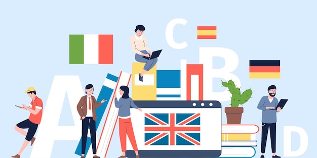 Language online elearning Tutor college and students Languages study english german italian flags Digital translator study from home vector scene of college education language illustration