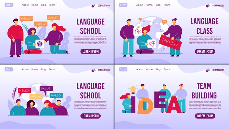 Vector language school remote learning, online international conversation, class. teambuilding motivation, company spirit development on common innovative idea. business employees training. landing page set