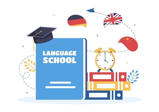 Language school template hand drawn cartoon flat illustration of study foreign languages abroad