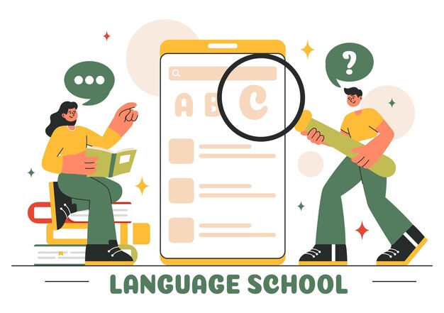 オンライン学習コースの学校言語ベクトルイラストレーション 研修プログラムと外国語の勉強 フラットスタイルの背景で