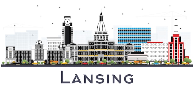 Lansing michigan city skyline with color buildings isolated on white. vector illustration. business travel and concept with historic architecture. lansing usa cityscape with landmarks.