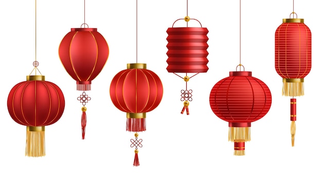 Vector lantaarns chinees aziatisch nieuwjaar japanse rode lampen met gouden decor festival 3d chinatown traditioneel realistisch element horizontale poster oosterse papier decoratie vector geïsoleerd op witte set