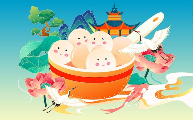 Lanterna festival nazionale marea illustrazione festa di primavera cibo tangyuan capodanno attività poster