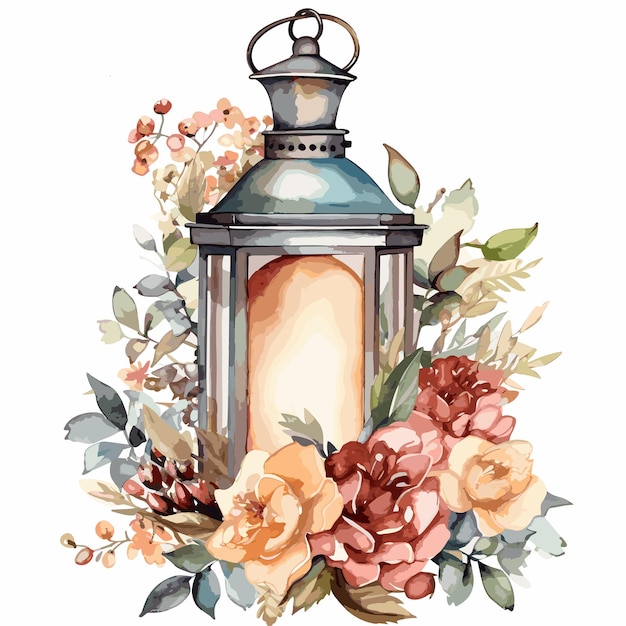 lantern and flowers watercolor arabic lamps card background