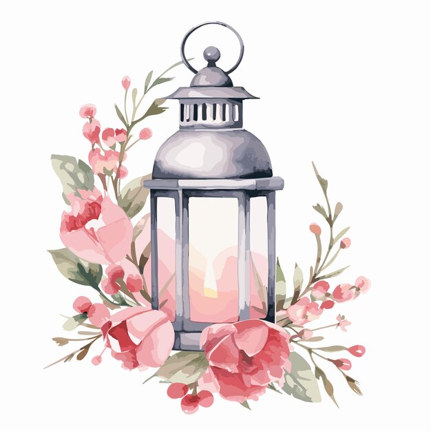 фонарь и цветы акварельная иллюстрация концепция Рамадана