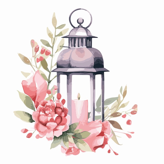 lantern and flowers watercolor illustration ramadan concept