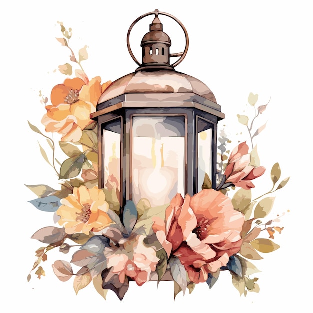 lantern and flowers watercolor illustration ramadan concept