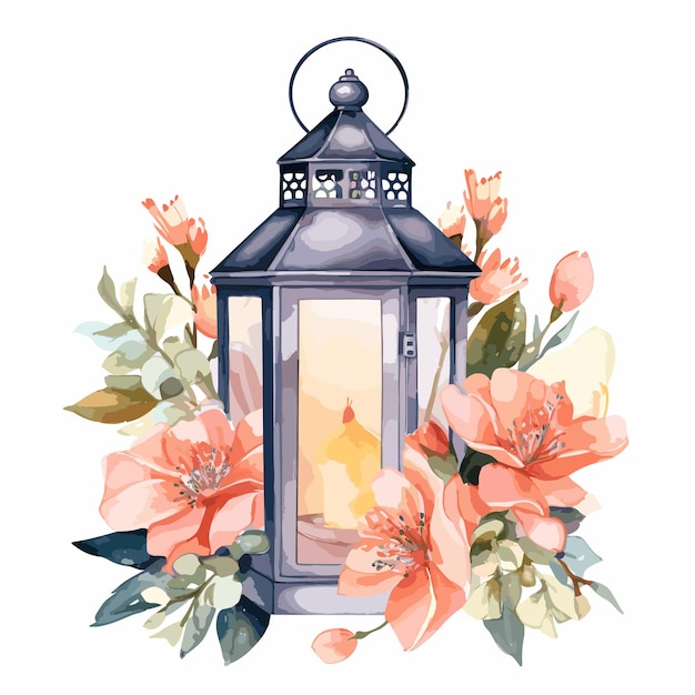 lantern and flowers watercolor illustration ramadan concept