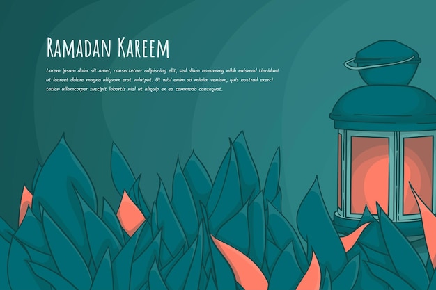 Lantern in green background with leaves in hand drawn design for ramadan kareem template
