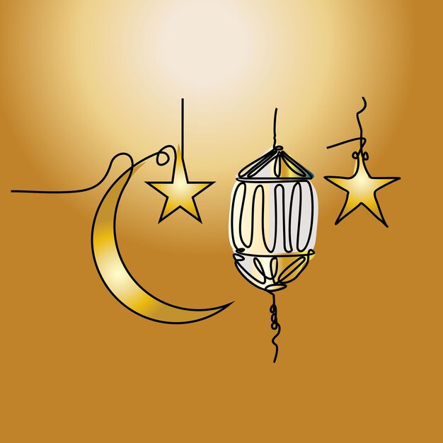 Vector lantern half moon and star ramadan kareem one continuous line drawing