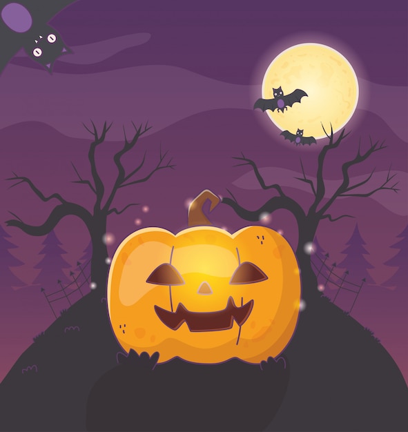 lantern pumpkin trees bats halloween