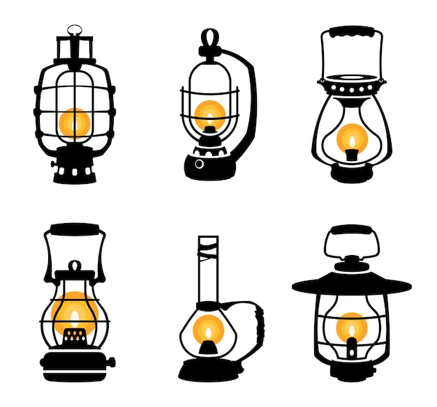 Lantern silhouette Vintage black oil kerosene gas lamps monochrome retro night light equipment with holder flat style