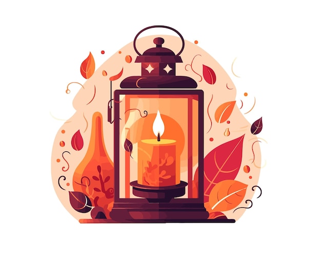 Lantern with candle inside Decorative lamp with candlelight Isolated on white background Vector cartoon illustration
