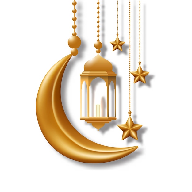 Vector lanterns, crescents and stars are hung. vector 3d golden color element for muslim holidays.