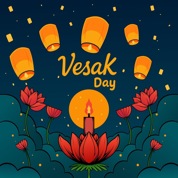 Vector lanterns and lotus flowers on waisak night
