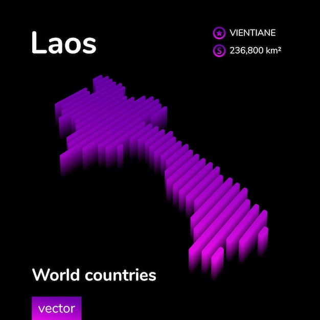 Mappa 3d del laos neon stilizzato semplice vettore a strisce isometriche digitali 3d mappa del laos nei colori viola su sfondo nero