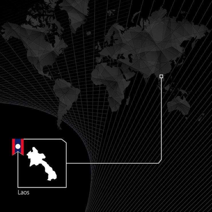 Vector laos on black world map map and flag of laos