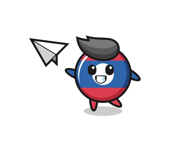 Vector laos flag badge cartoon character throwing paper airplane