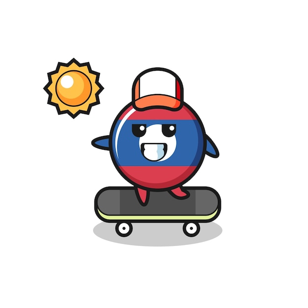 ラオス旗バッジキャラクターイラストスケートボードに乗る