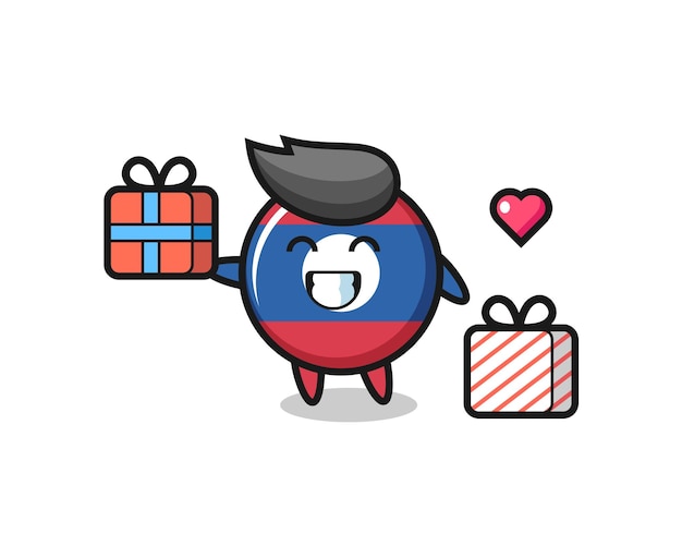 Laos flag badge mascot cartoon giving the gift , cute design