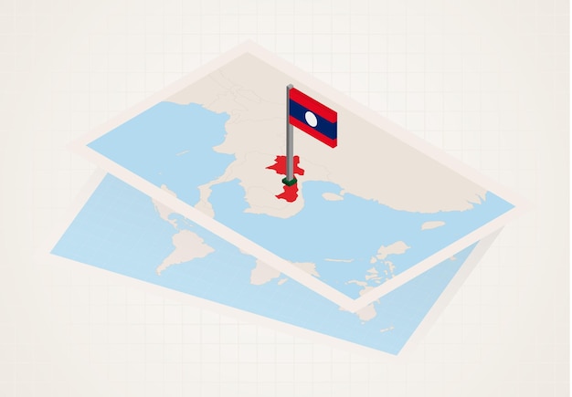 Vector laos selected on map with isometric flag of laos