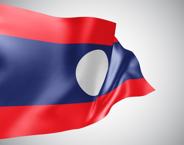 Laos, vector flag with waves and bends waving in the wind on a white background.