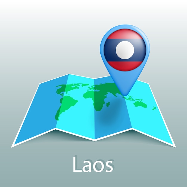 Laos vlag wereldkaart in pin met naam van land op grijze achtergrond